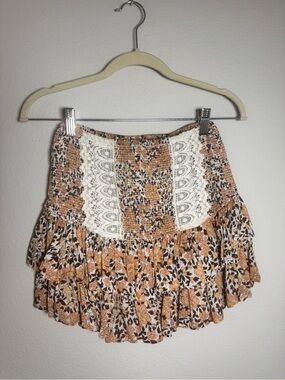 Vintage Havana Boho Tiered Ruffle Smocked Mini Skirt | Brown Floral | Size S